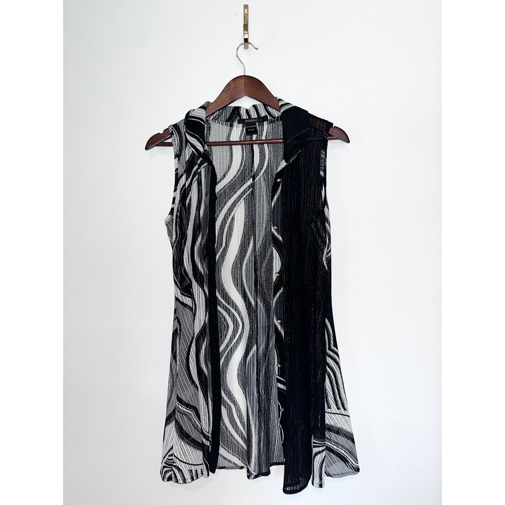 Radzoli 90s Y2K Black White Abstract Swirl Sleeveless Button Up Top Small VNTG